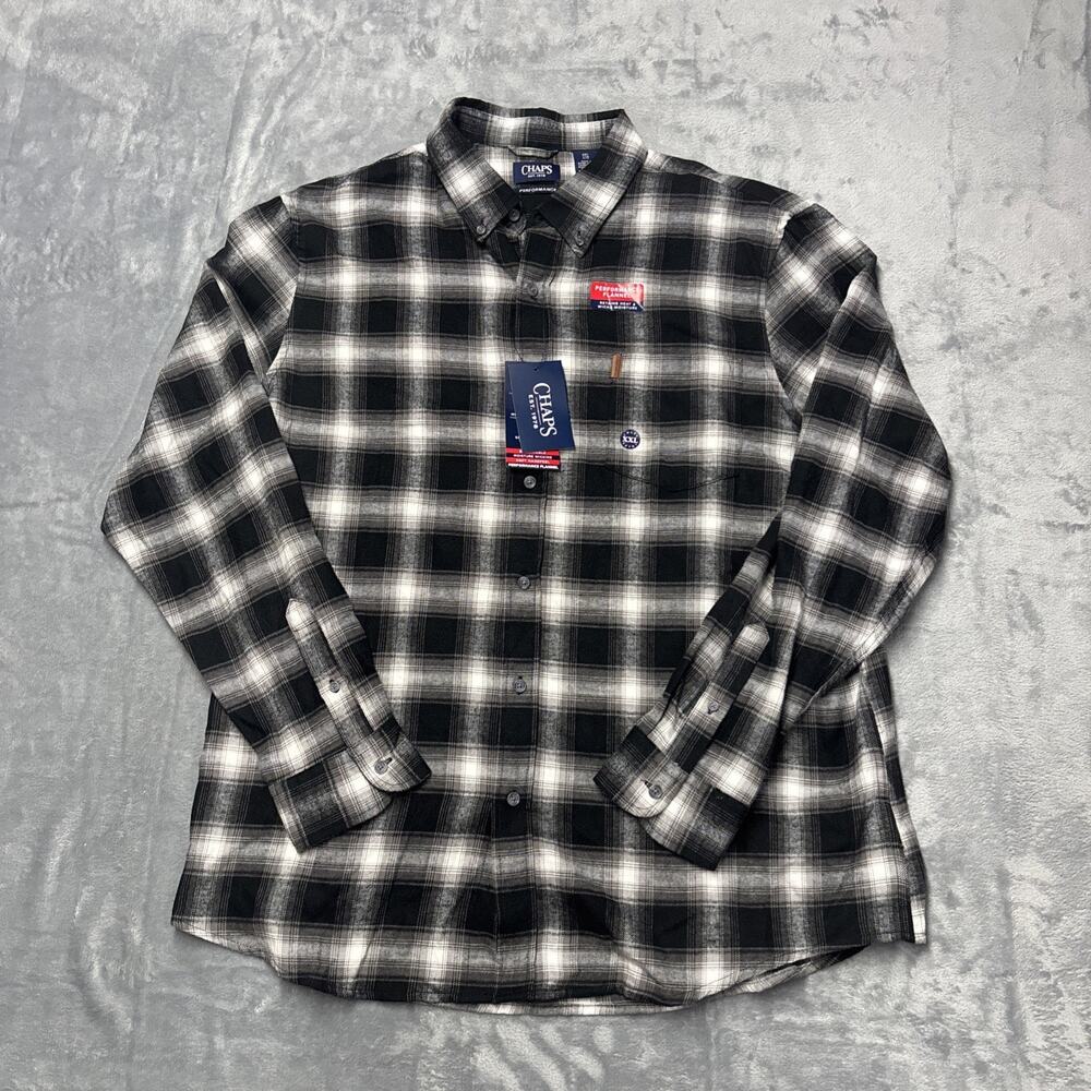 NWT Chaps Flannel Button Up Shirt Mens XXL Long Sleeve Plaid Black Performance